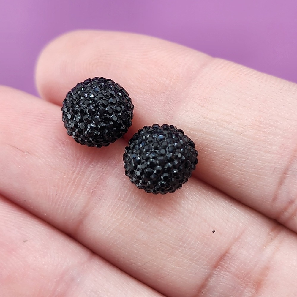 Black Rhinestone Pave Ball Stud Earrings Round Gothic Glam Sparkle Statement